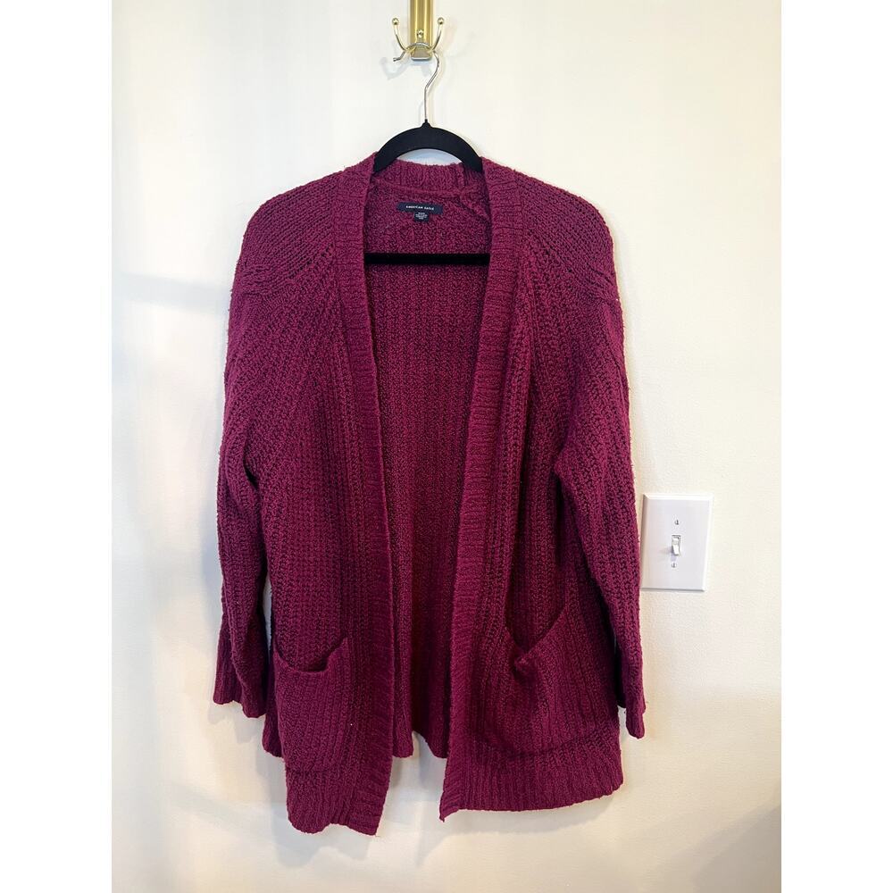 American Eagle Chunky Knit Cardigan Sweater Magenta Open Front Cozy Medium